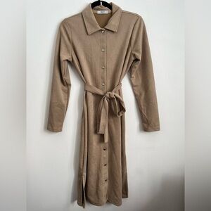 Suzy Shier Women Longline Button Down Duster Cardigan Light Jacket Tan Small
